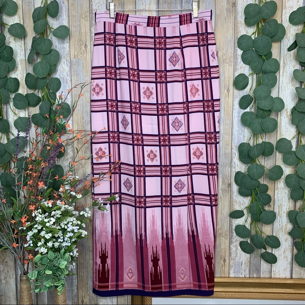 Unbranded Pink Lined Plaid Striped Diamond Motif Maxi Skirt